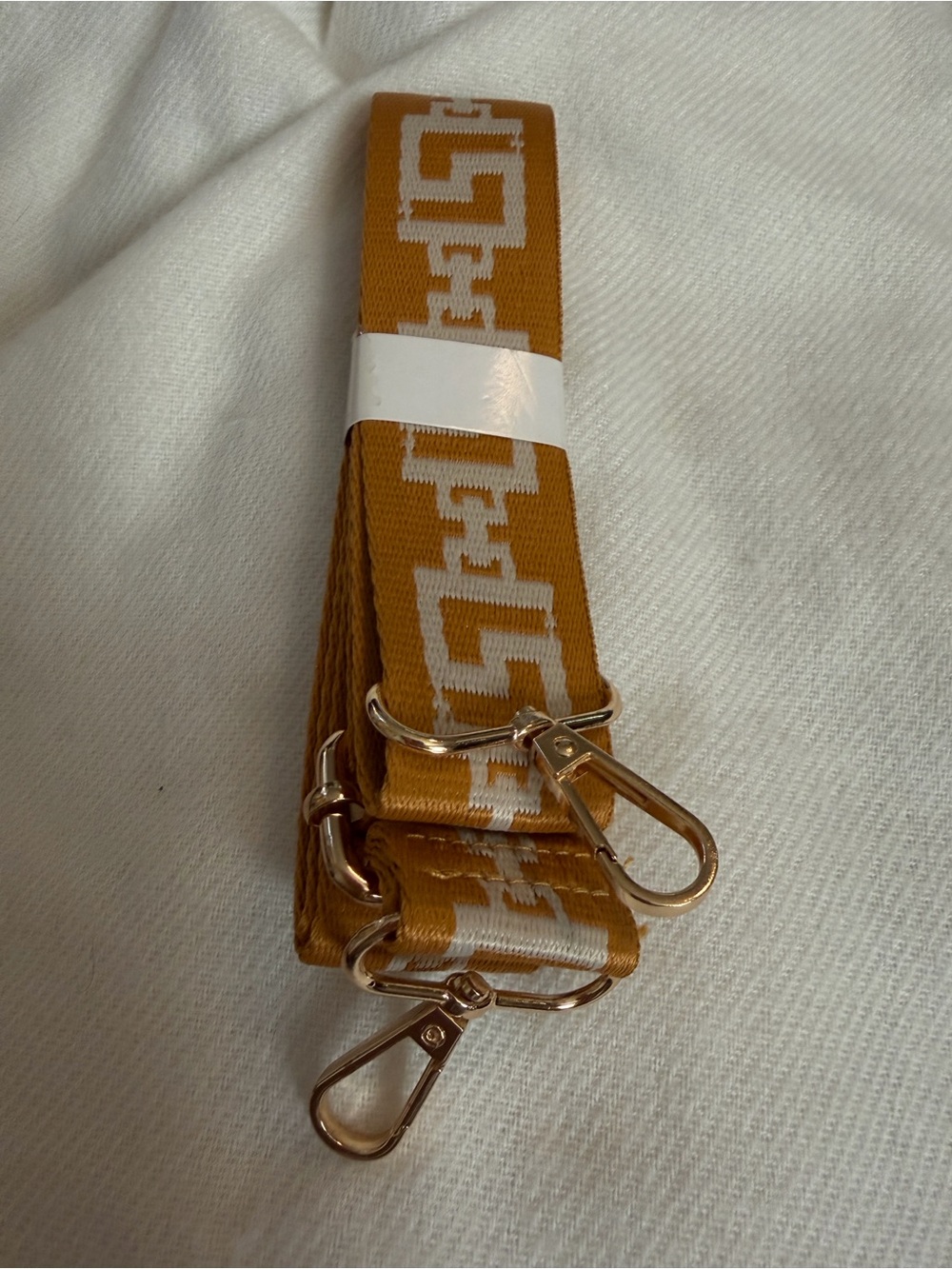 Bag Adjustable Mustard Yellow Webbing Strap with White Pattern and Gold Hardware